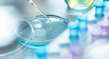 Image of an eye dropper with liquid pouring into a petri dish