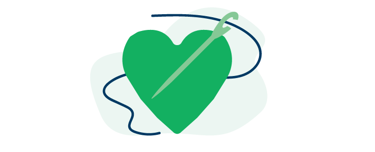 illustration of a heart being sewed up by needle and thread