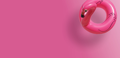 pink flamingo pool floatie on a dark pink background
