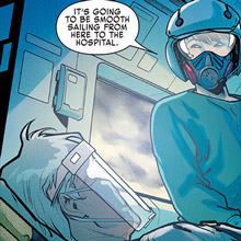 EMT talking to patient in helicopter