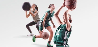 photos of a student  athlete superimposed over several versions of herself playing basketball and training