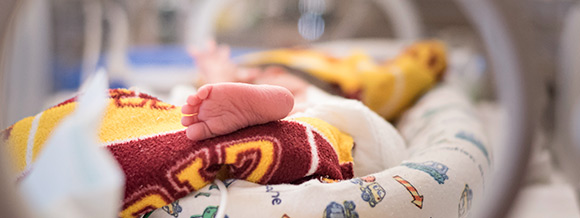 newborn with soft blankets in NICU